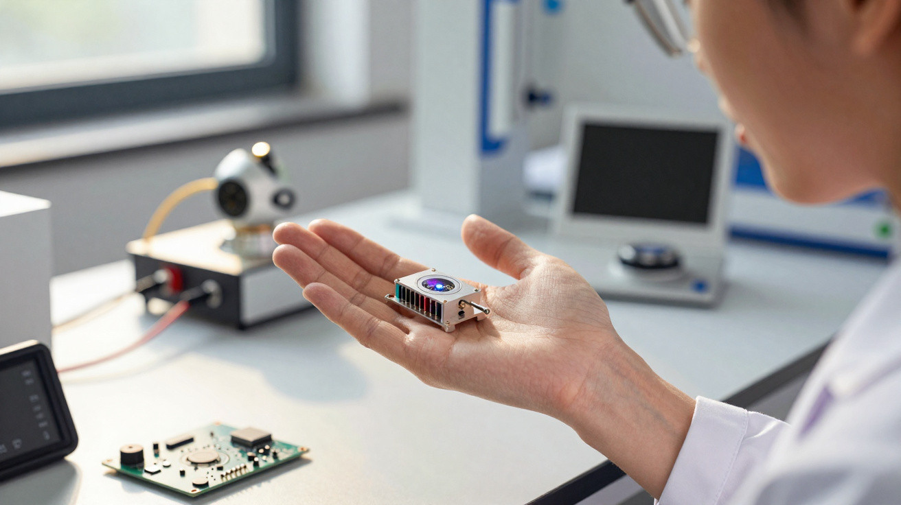 Engineer holding a small advanced electronic device or sensor in a laboratory setting.