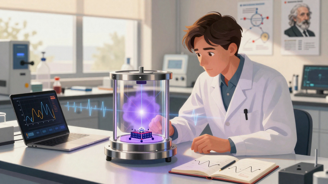 Scientist in white lab coat observing a glowing purple energy field inside a high-tech glass device.