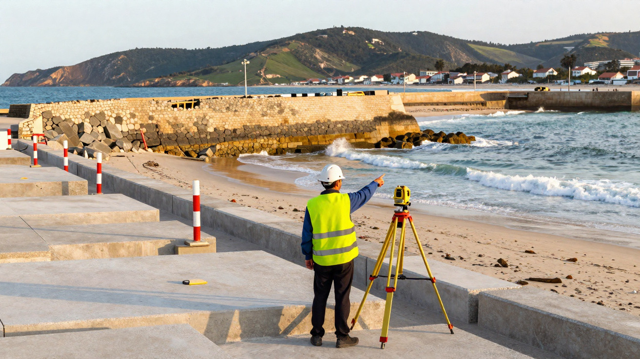 Surveyor in high-visibility vest and helmet working with a theodolite near a coastal beach and breakwater.