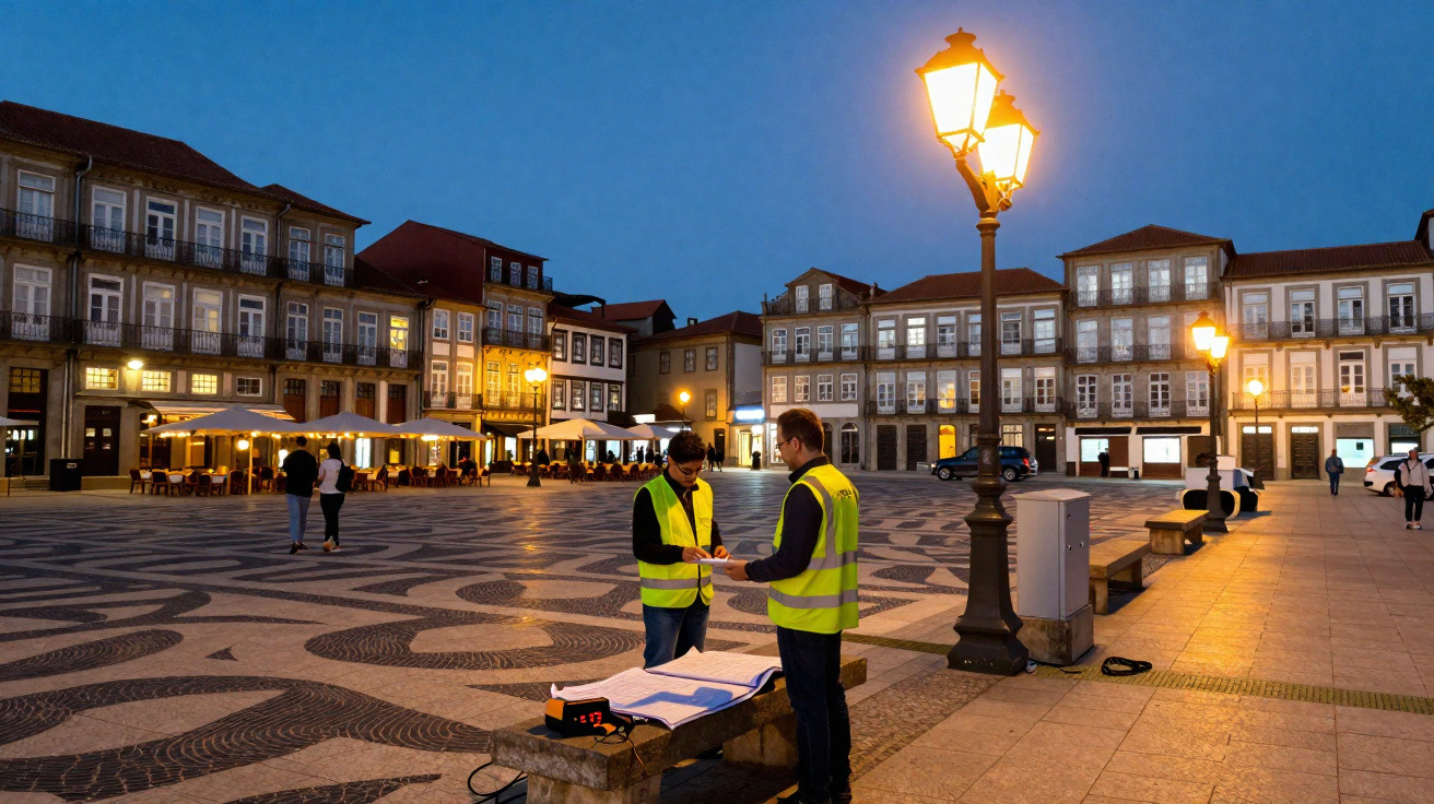 Two men in high-visibility vests examining plans on a stone bench in a lit town square at dusk.