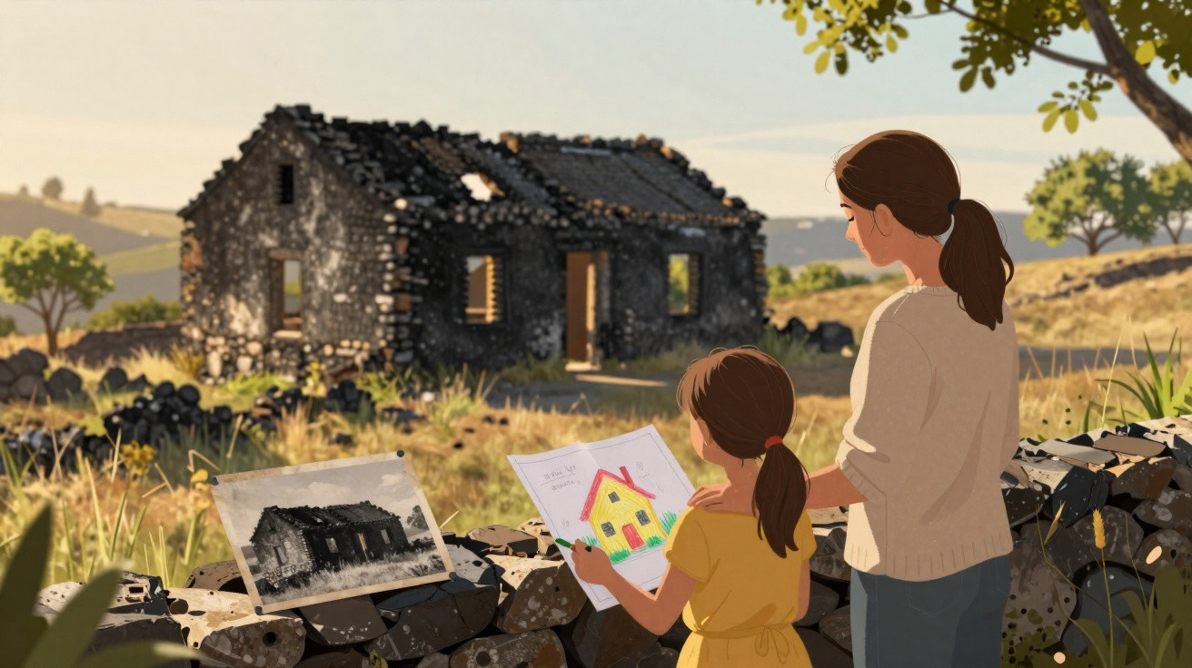 Mother and daughter looking at a ruined stone house while the daughter holds a drawing of a colourful new home.