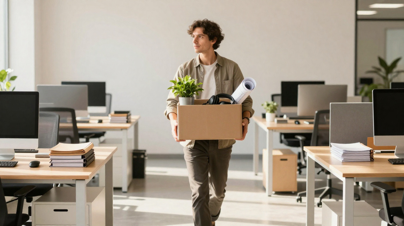 Young man carrying a box of personal items, walking through a bright, empty modern office space.