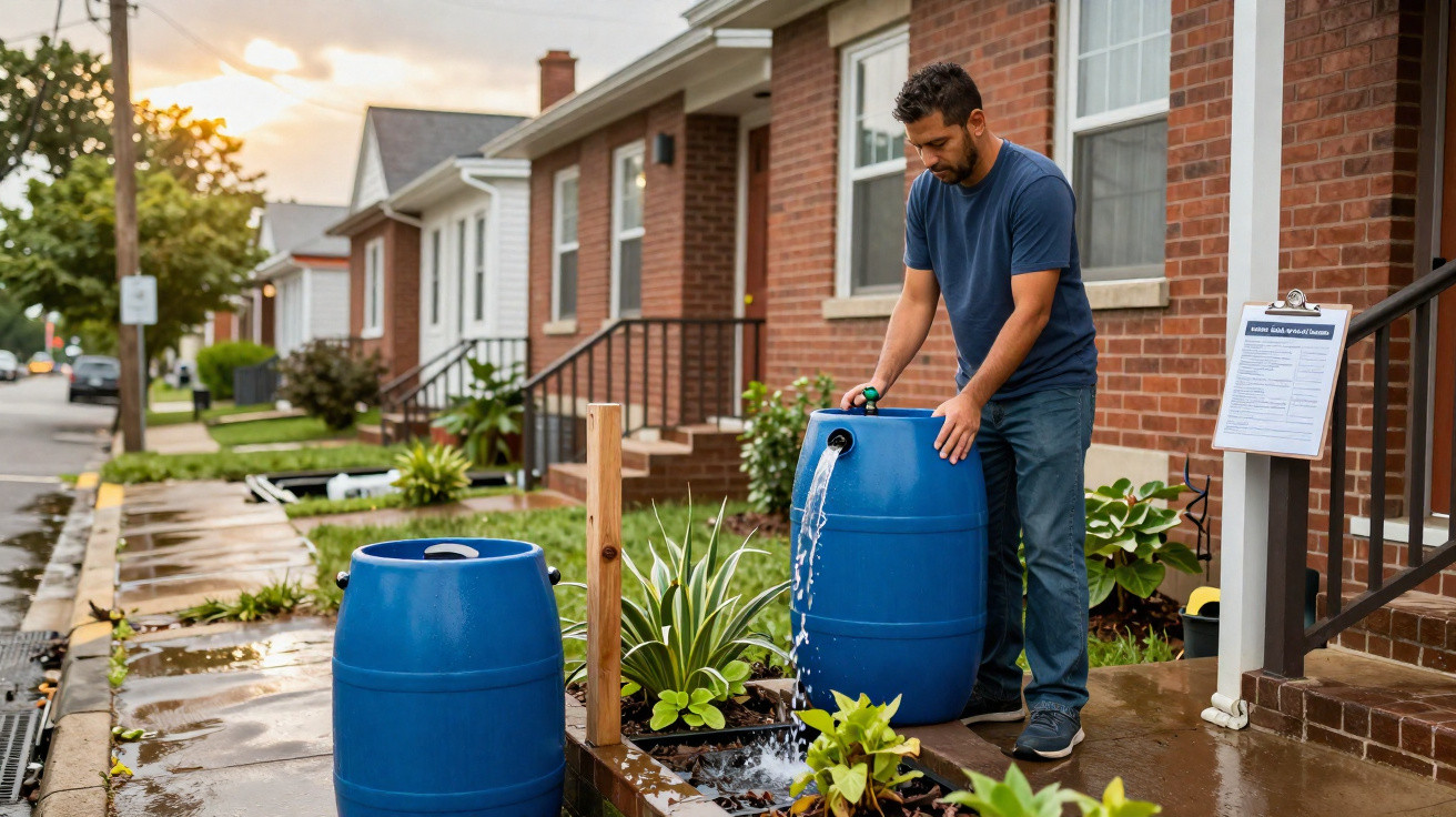 Man emptying blue rain barrel into garden bed outside brick house on wet pavement.