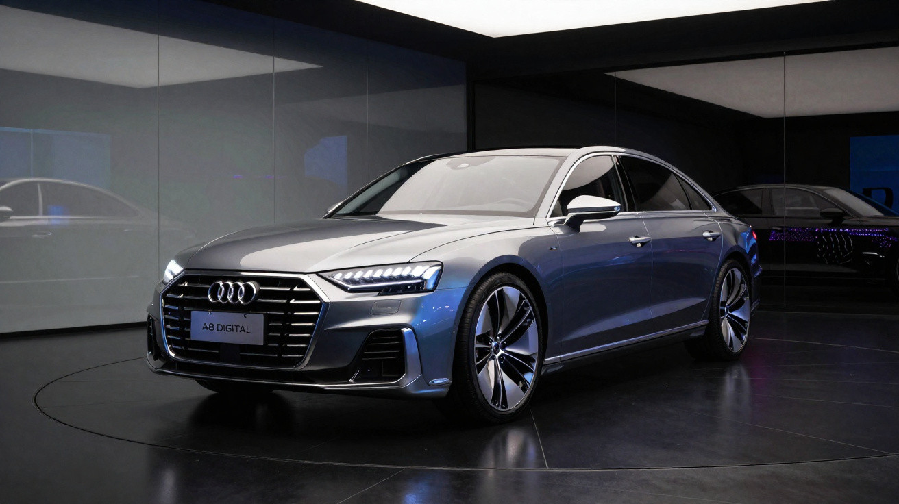 Silver Audi A8 sedan displayed in a modern showroom with reflective glass walls and polished floor.