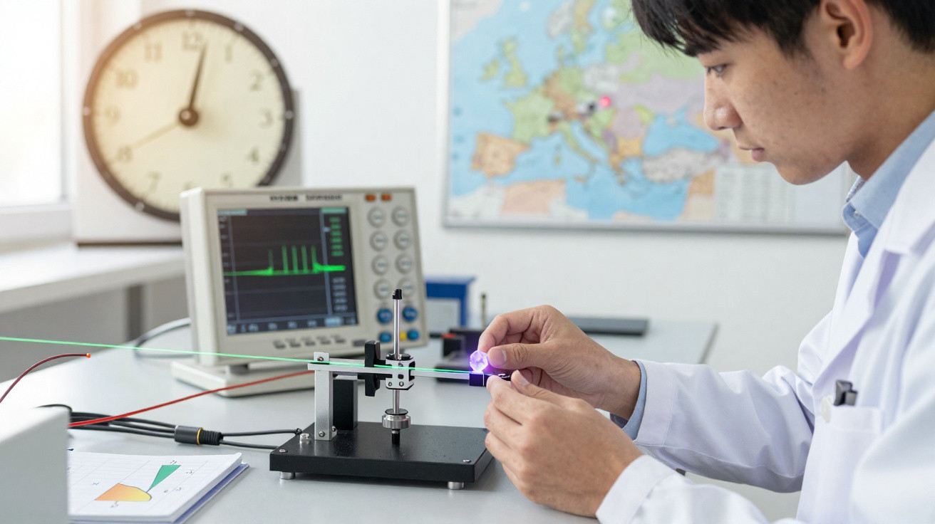 Scientist in lab coat adjusting optical equipment with laser and waveform monitor in the background.