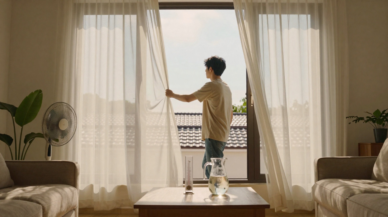 Person opening sheer curtains in a sunlit living room with plants and water jug on wooden table