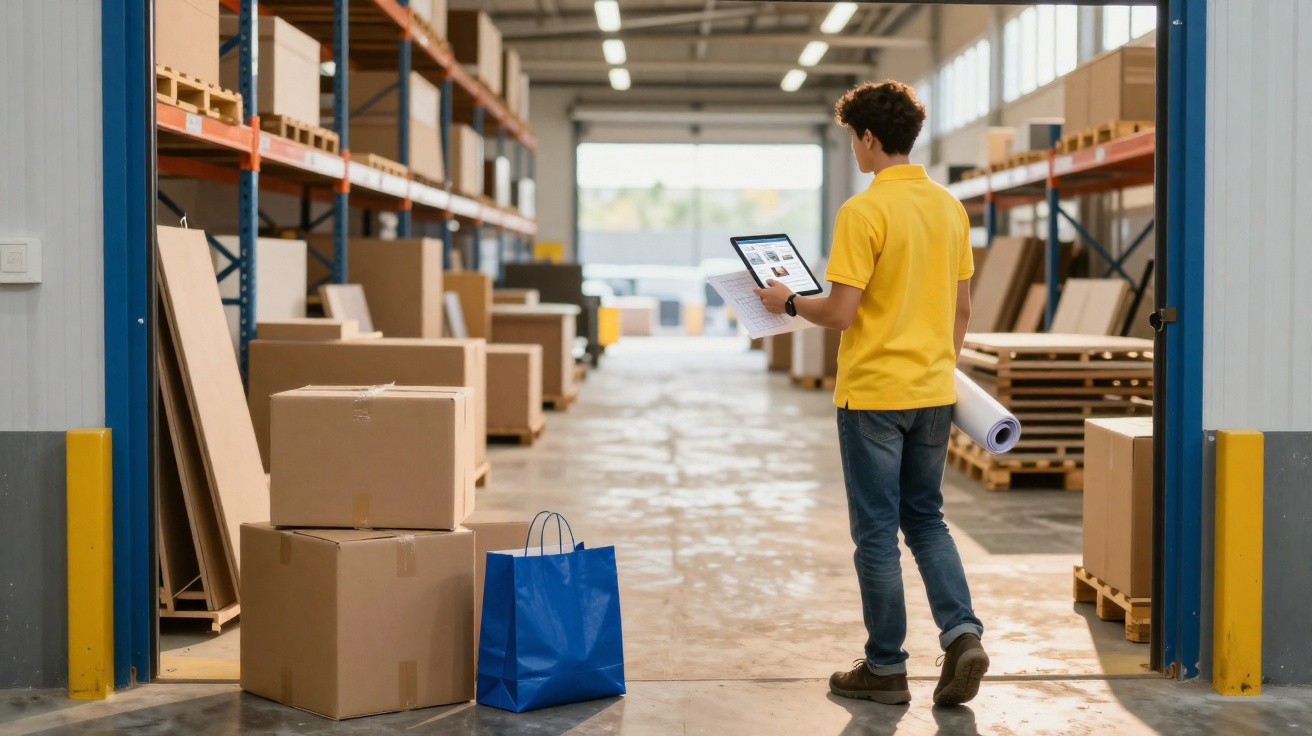 Person in yellow shirt holding a tablet and documents in a warehouse surrounded by boxes and shelves.