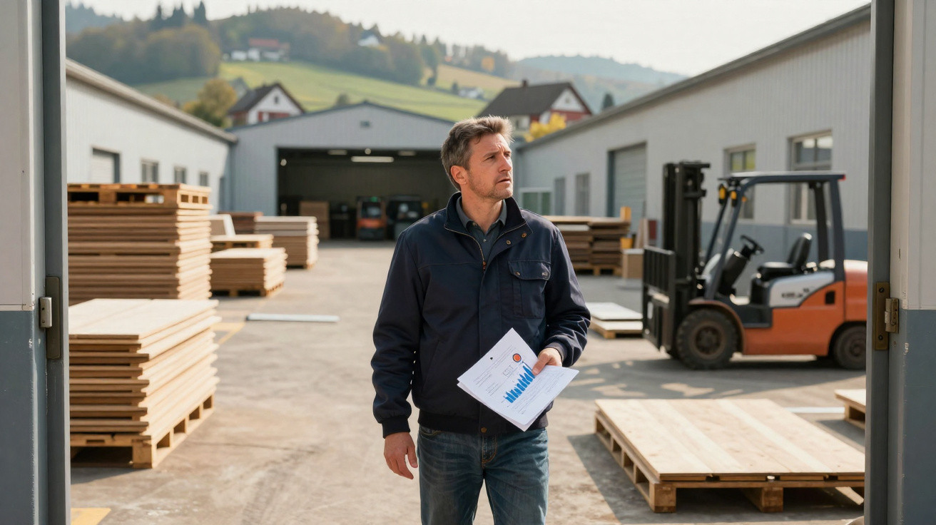 Man holding business charts standing in a lumber yard with stacked wooden planks and a forklift nearby.