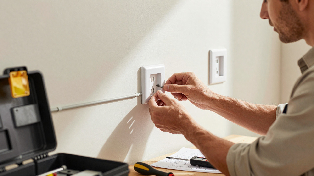 Person fitting or repairing a wall electrical outlet using a screwdriver with tools on a workbench nearby.
