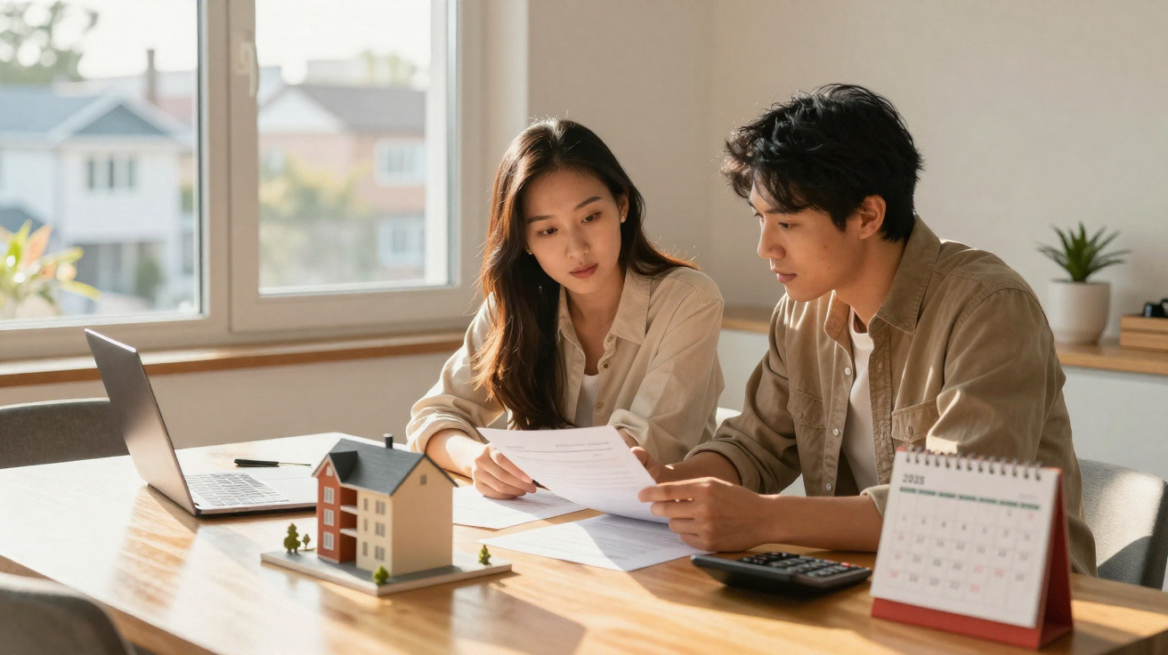 Couple reviewing paperwork at a table with a laptop, house model, calculator, and calendar in a bright room.