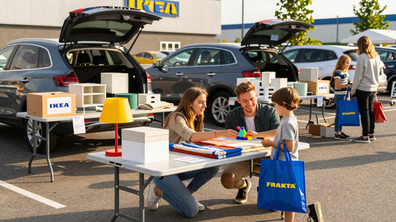 Family engaging with a child at an outdoor IKEA pop-up event with products displayed from car boots.