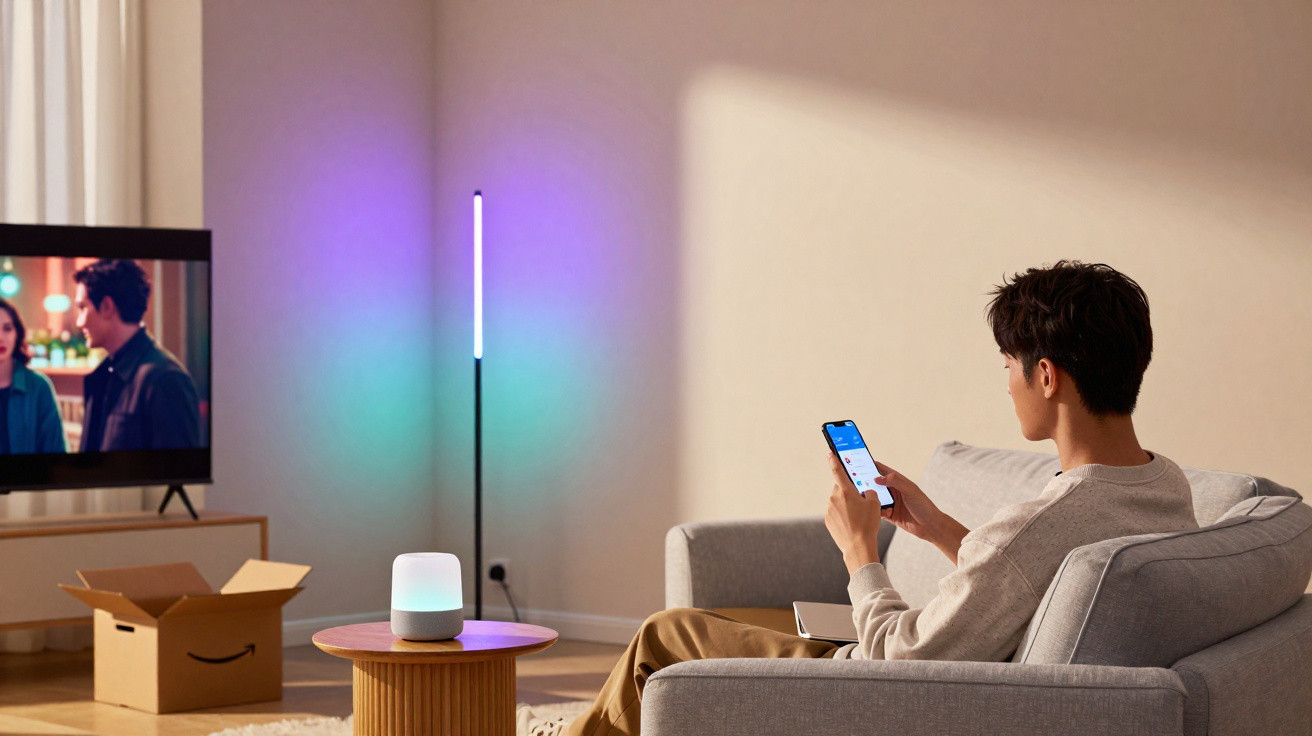 Man sitting on grey sofa using smartphone in cosy living room with colourful LED floor lamp and TV on cabinet.