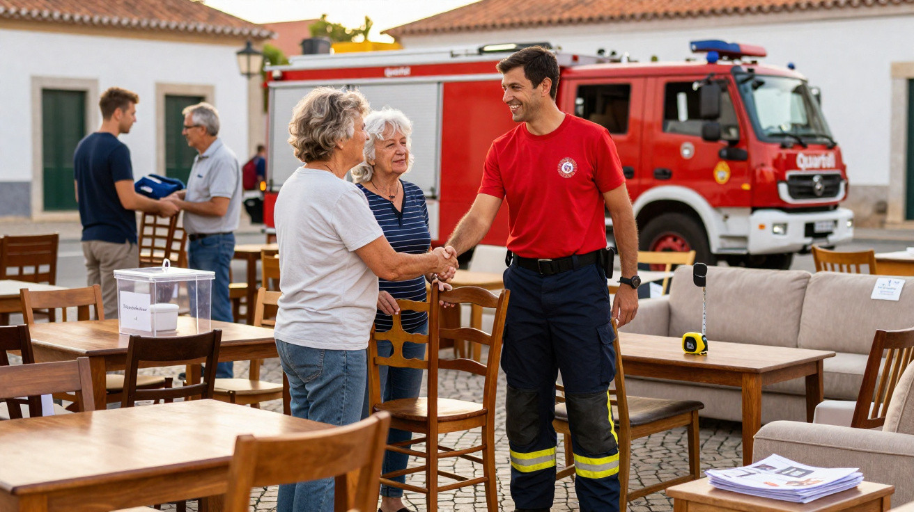 Firefighter shaking hands with elderly woman in an outdoor community setting with a fire truck in the background.