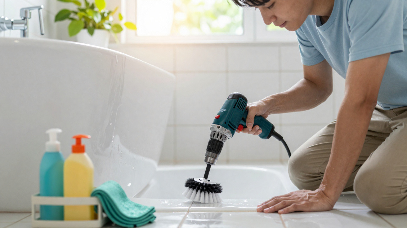Person using a power drill with a brush attachment to clean bathroom tiles near a bathtub.