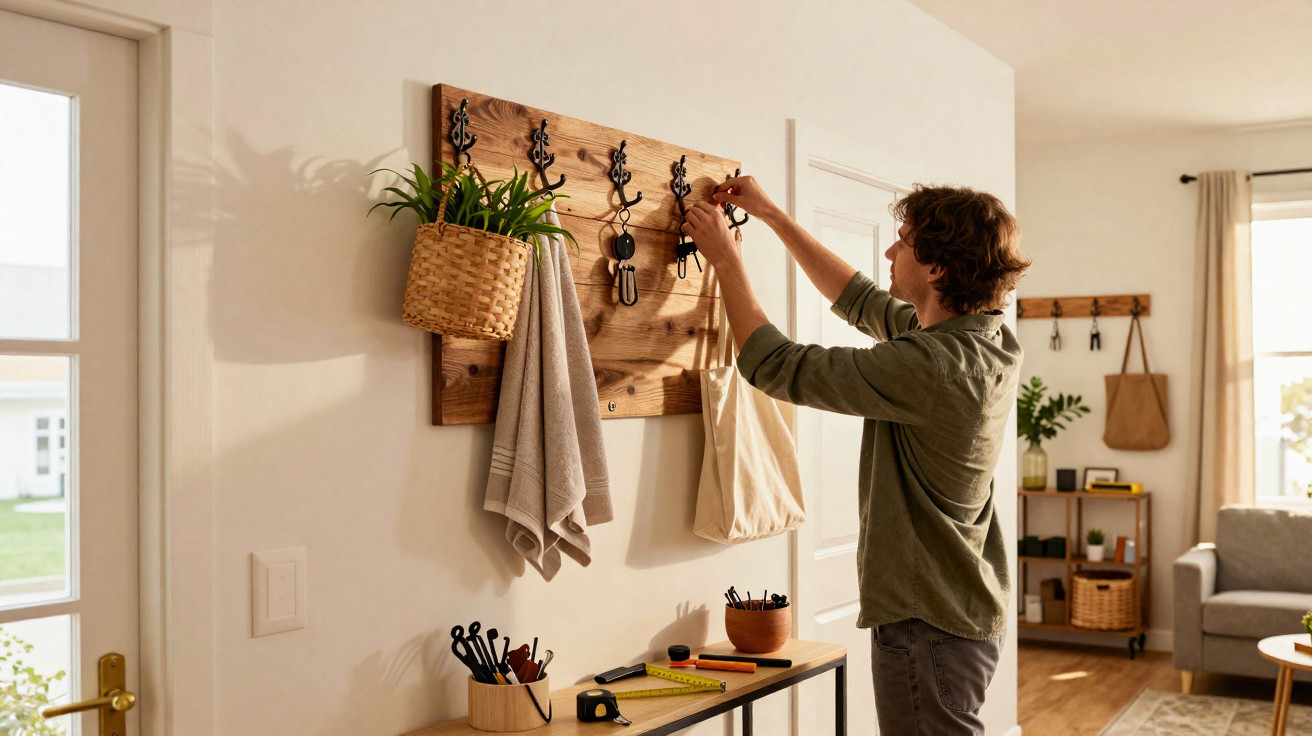 Person hanging a bag on a wooden wall-mounted coat rack with plant and keys in a sunlit modern hallway.