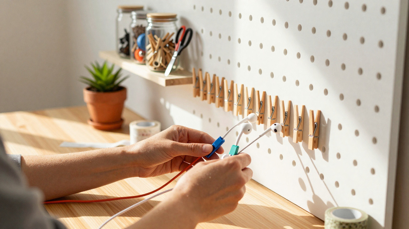 Hands organising earphones on wooden clips attached to a white pegboard above a wooden desk.