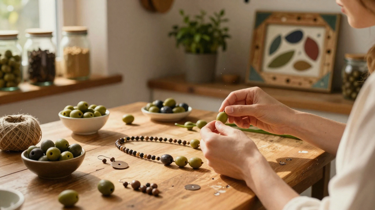 Hands stringing green olives onto a necklace on a wooden table with bowls of olives and craft supplies nearby.