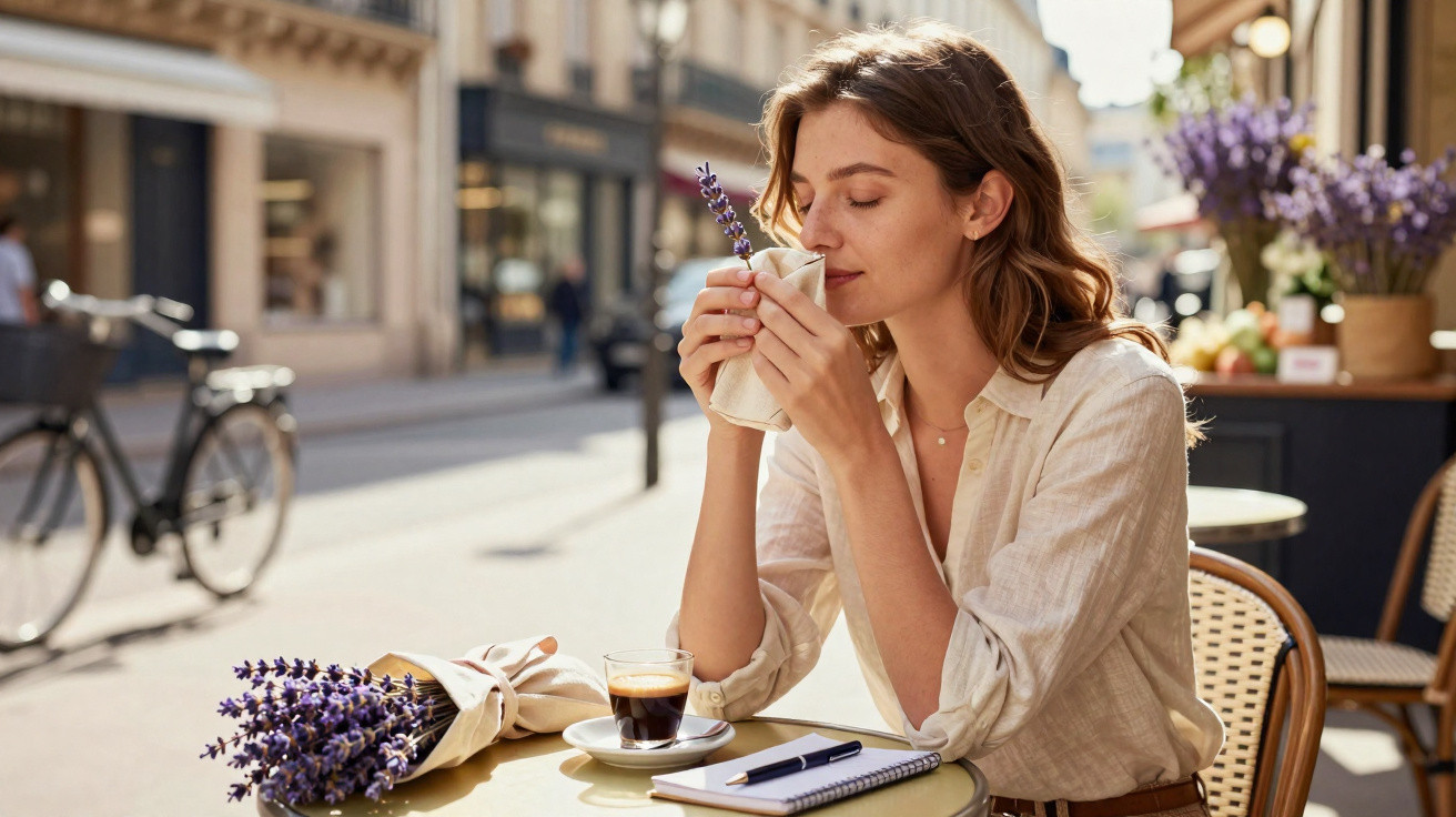 Woman enjoying the scent of a cup with lavender on a sunny outdoor café table with a notebook and coffee cup.