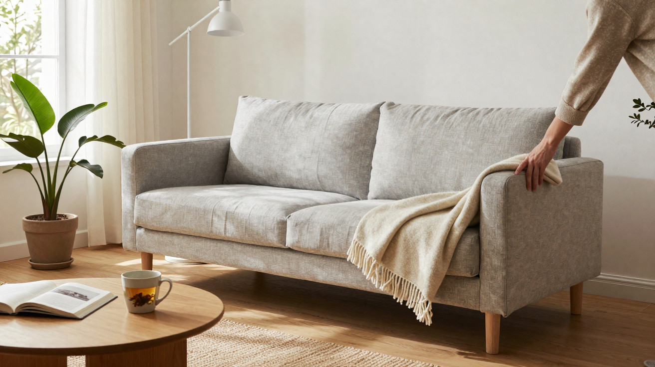 Person placing a cream throw blanket on a modern light grey fabric sofa in a bright living room.