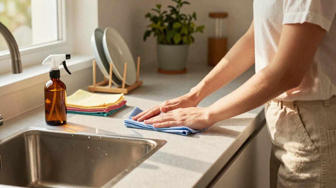 Person cleaning a kitchen countertop with a blue cloth next to a sink, soap dispenser, and stacked dishcloths.