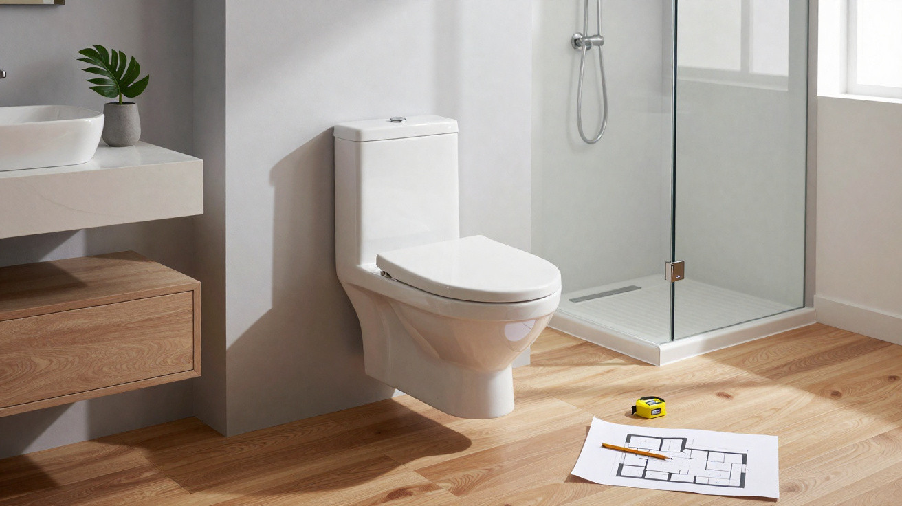 Modern bathroom with wall-mounted toilet, glass shower enclosure, wooden floor, and architectural plans on the floor.