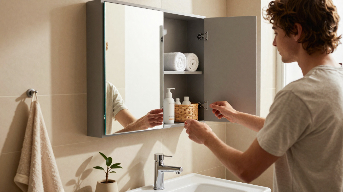 Person opening a bathroom cabinet with towels and toiletries above a sink with a towel hanging nearby.