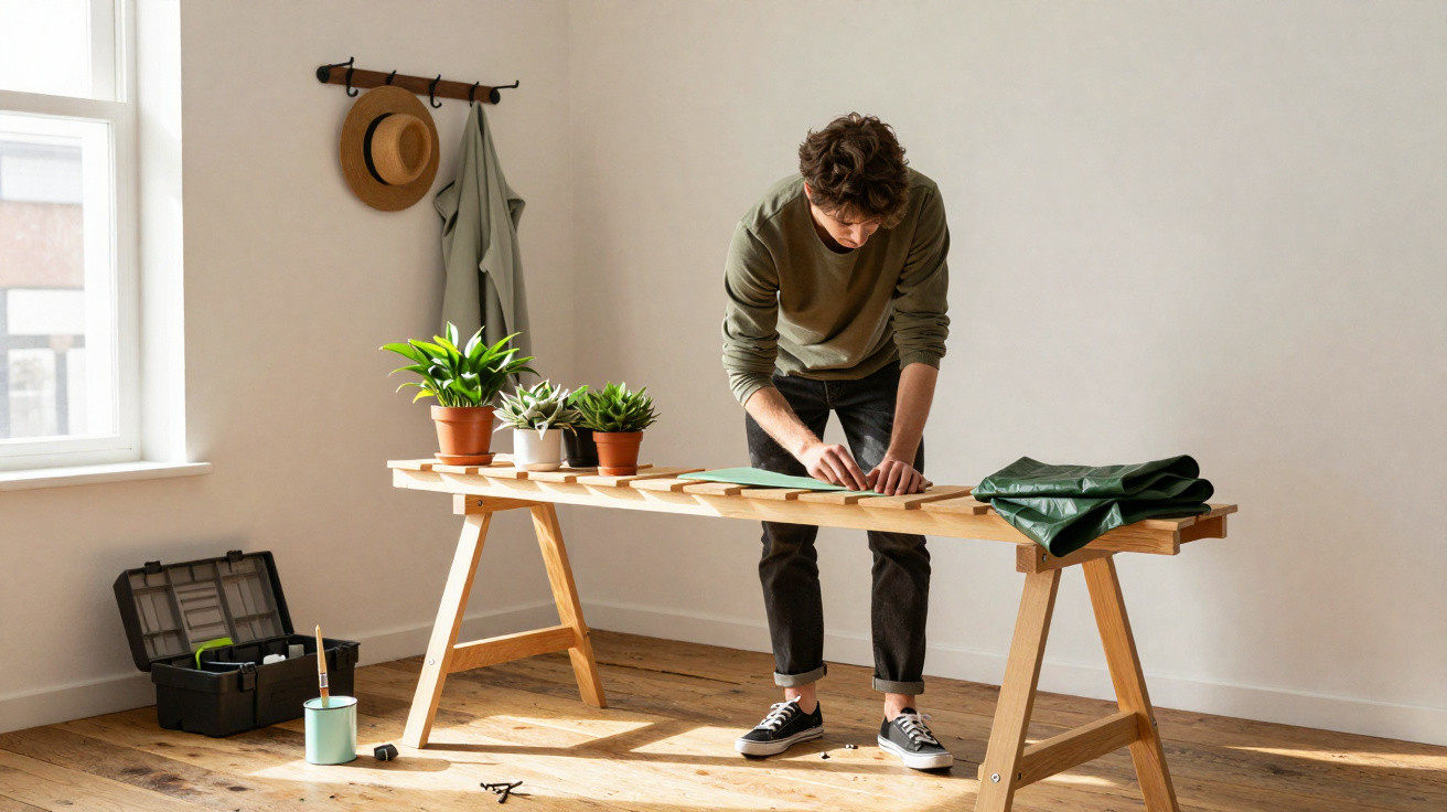 Man designing on paper at a wooden table with potted plants and a toolbox in a bright room