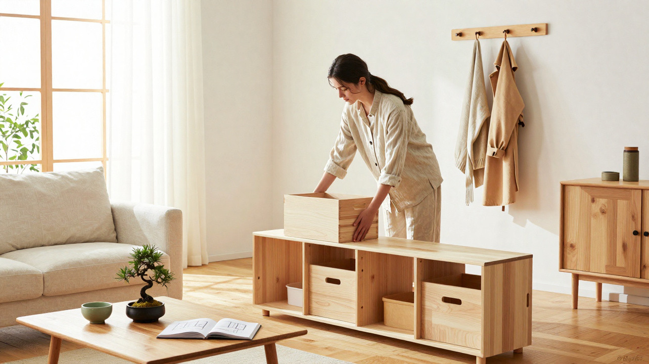Woman organising a wooden storage bench in a bright, minimalist living room with natural wood furniture and neutral decor.