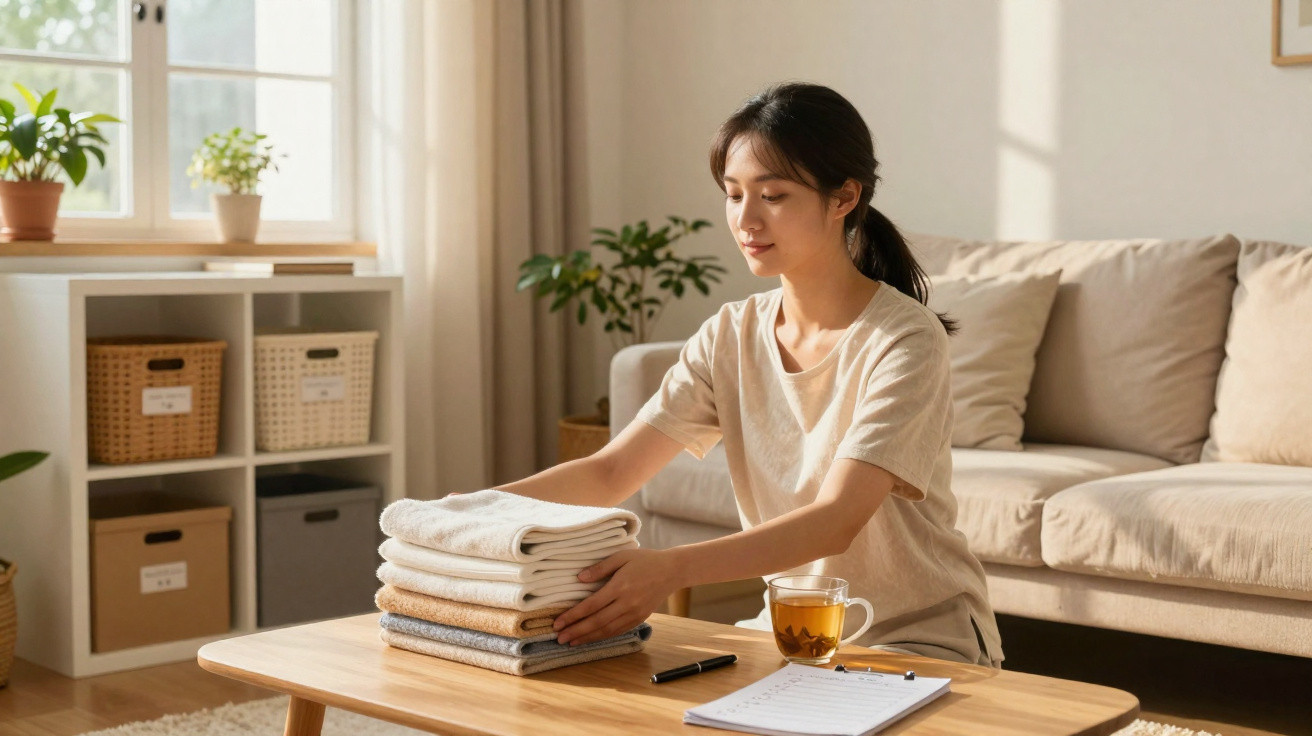 Young woman folding a stack of towels on a wooden table in a bright living room with plants and a sofa.