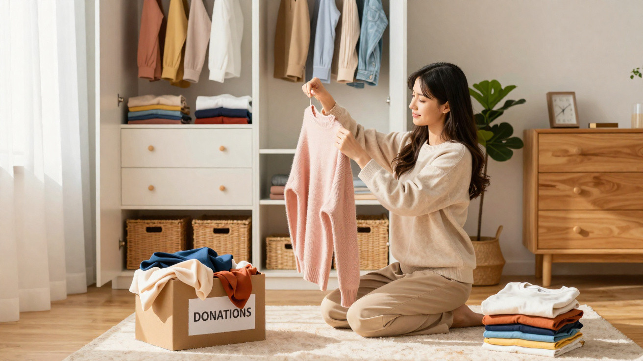 Woman kneeling on carpet sorting clothes for donation into a labelled box in a tidy bedroom.