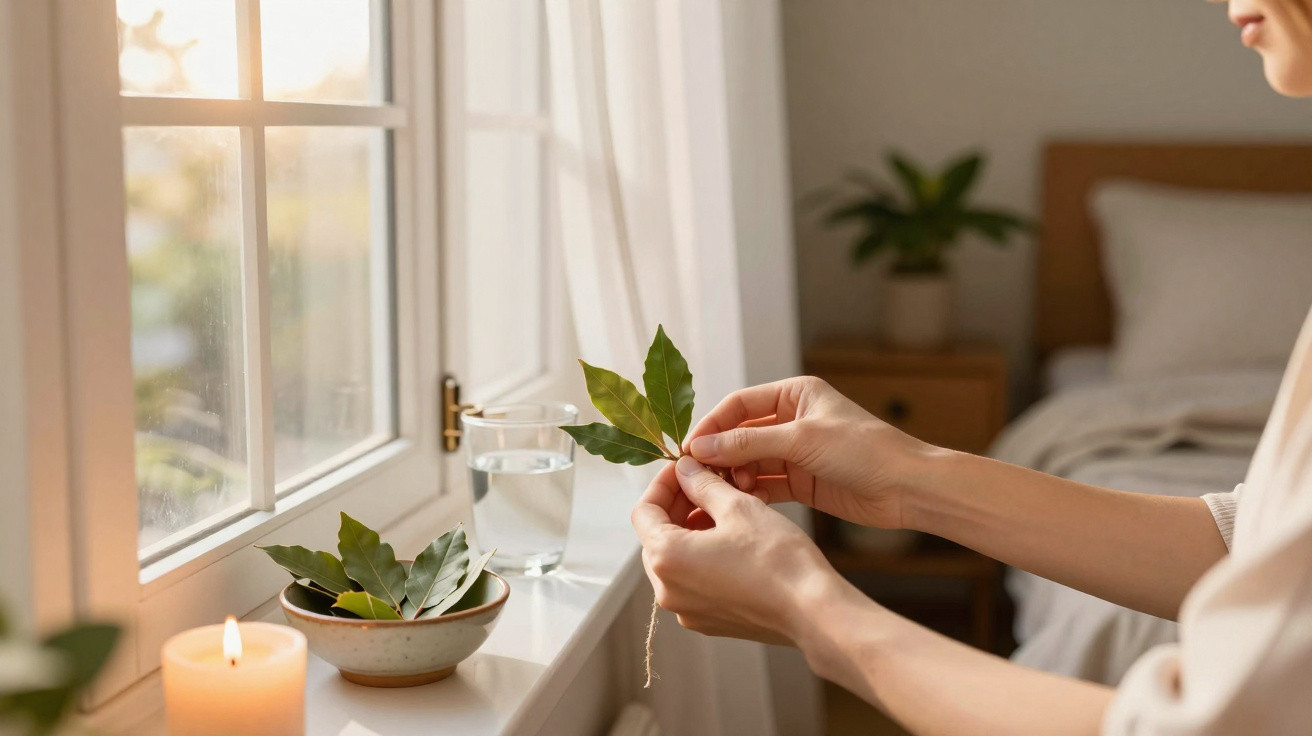 Person tying fresh bay leaves with string by a lit candle and bowl on a windowsill in a cosy bedroom.