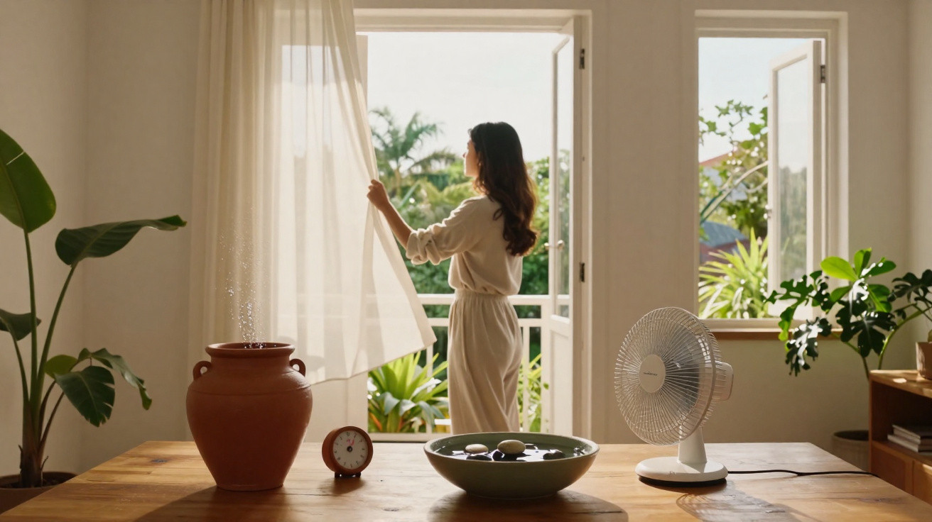 Woman opening curtain in sunny room with plants, fan, pottery, clock, and bowl on wooden table.