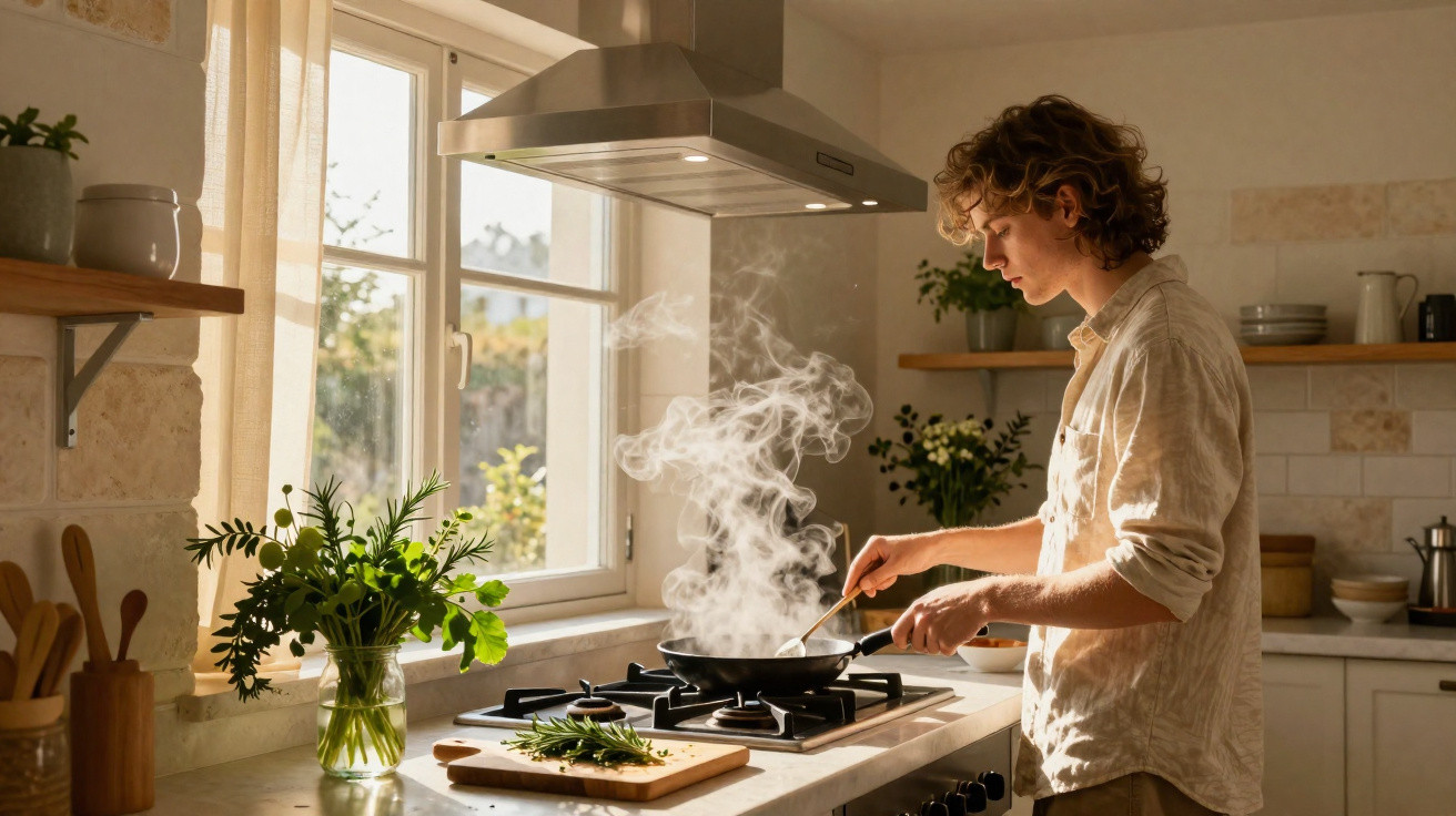 Young man cooking with steam rising from a pan in a bright, modern kitchen by a window.