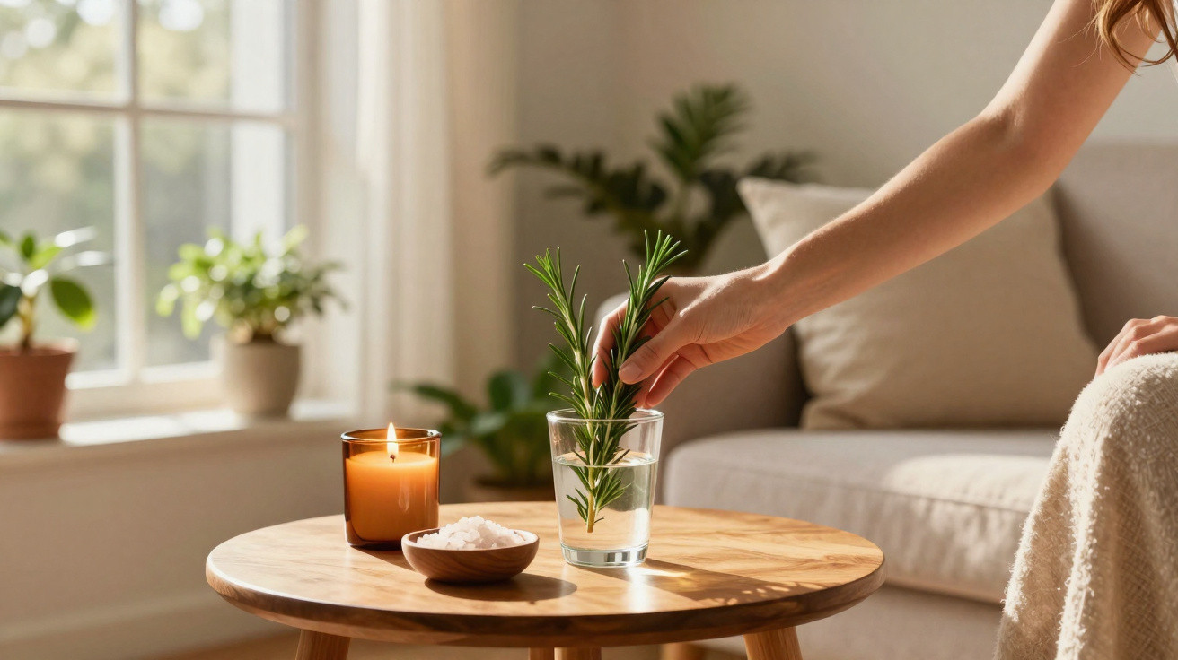 Hand placing rosemary sprigs in a glass of water on a wooden coffee table with candle and salt bowl nearby.