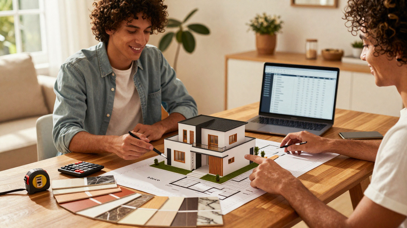 Two men discussing a house model and floor plans with colour samples on a wooden table.