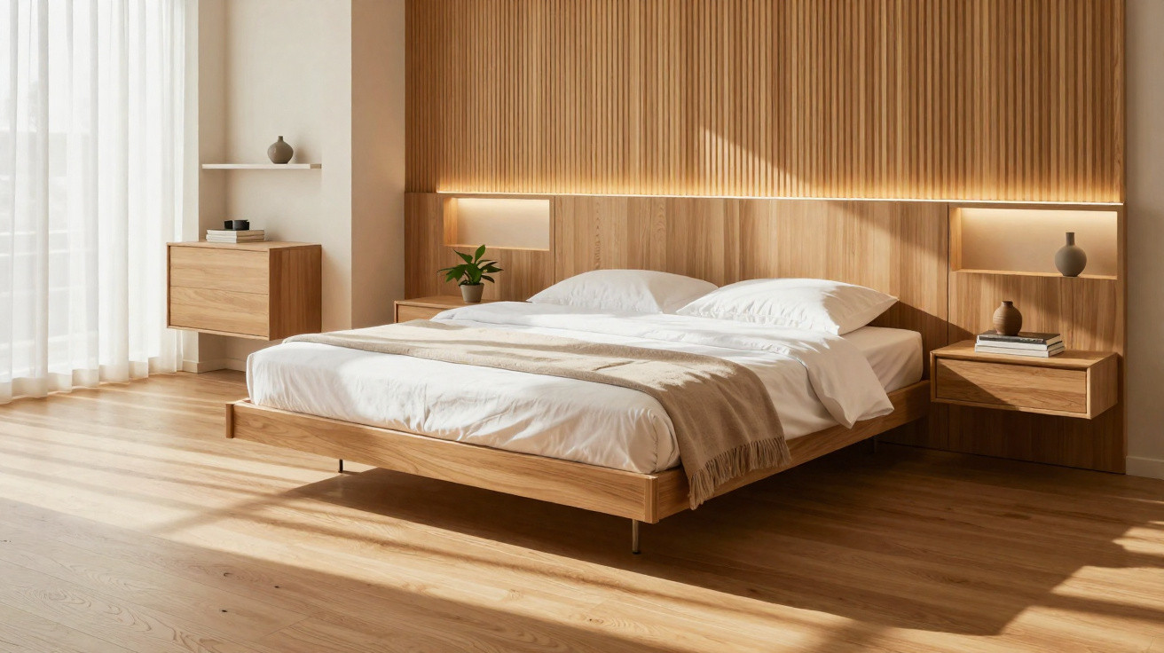 Modern bedroom with wooden bed frame, bedside tables, soft lighting, and sheer curtains letting in sunlight.