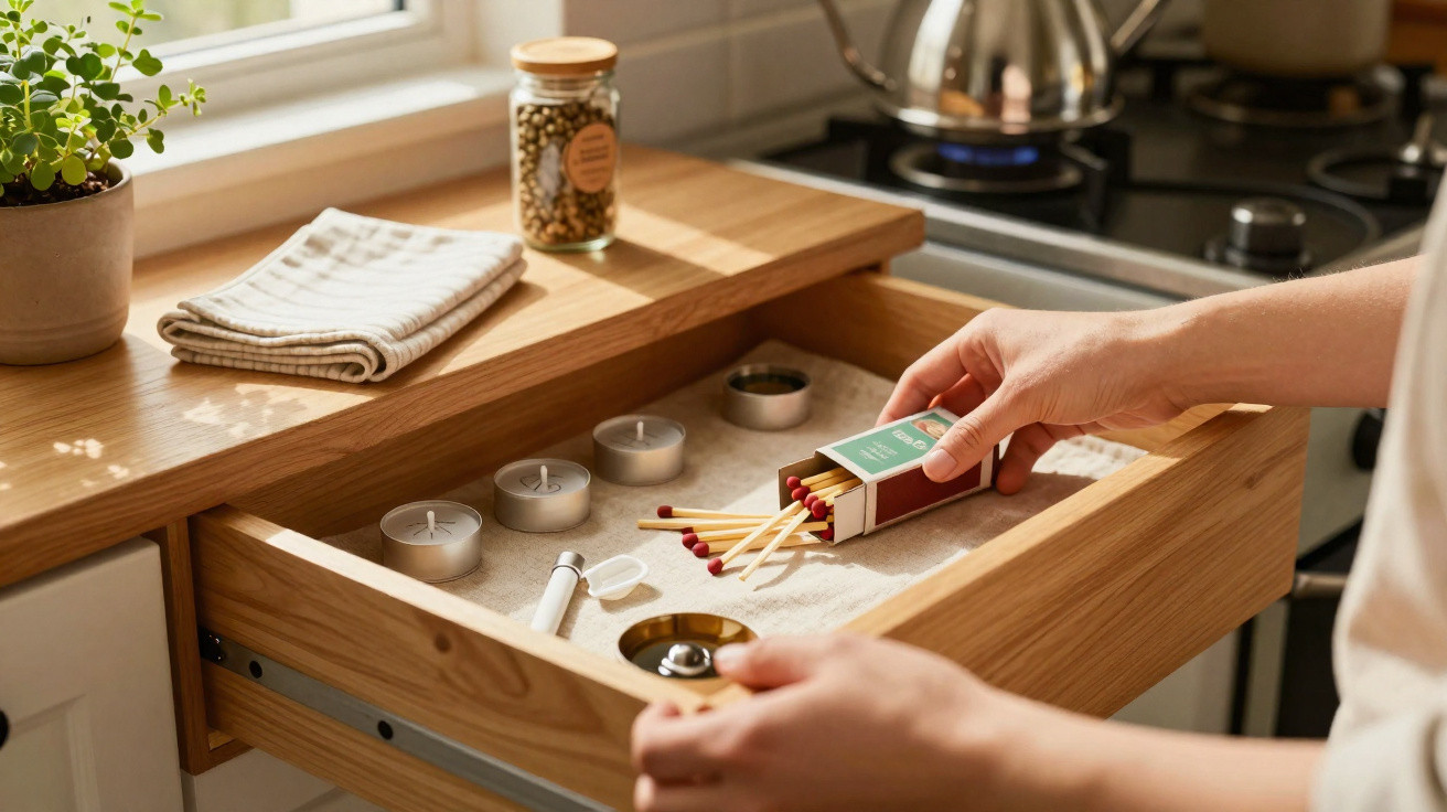Open wooden drawer with sand containing tealight candles, a bee smoker, and a person holding a box of matches.