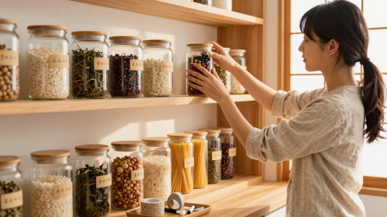 Woman organising labelled glass jars filled with pulses, pasta, and dried goods on wooden shelves by a window.