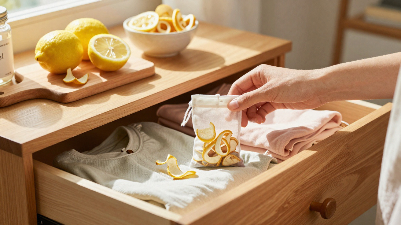 Hand placing a small pouch of dried lemon peels into a wooden drawer with folded clothes nearby.