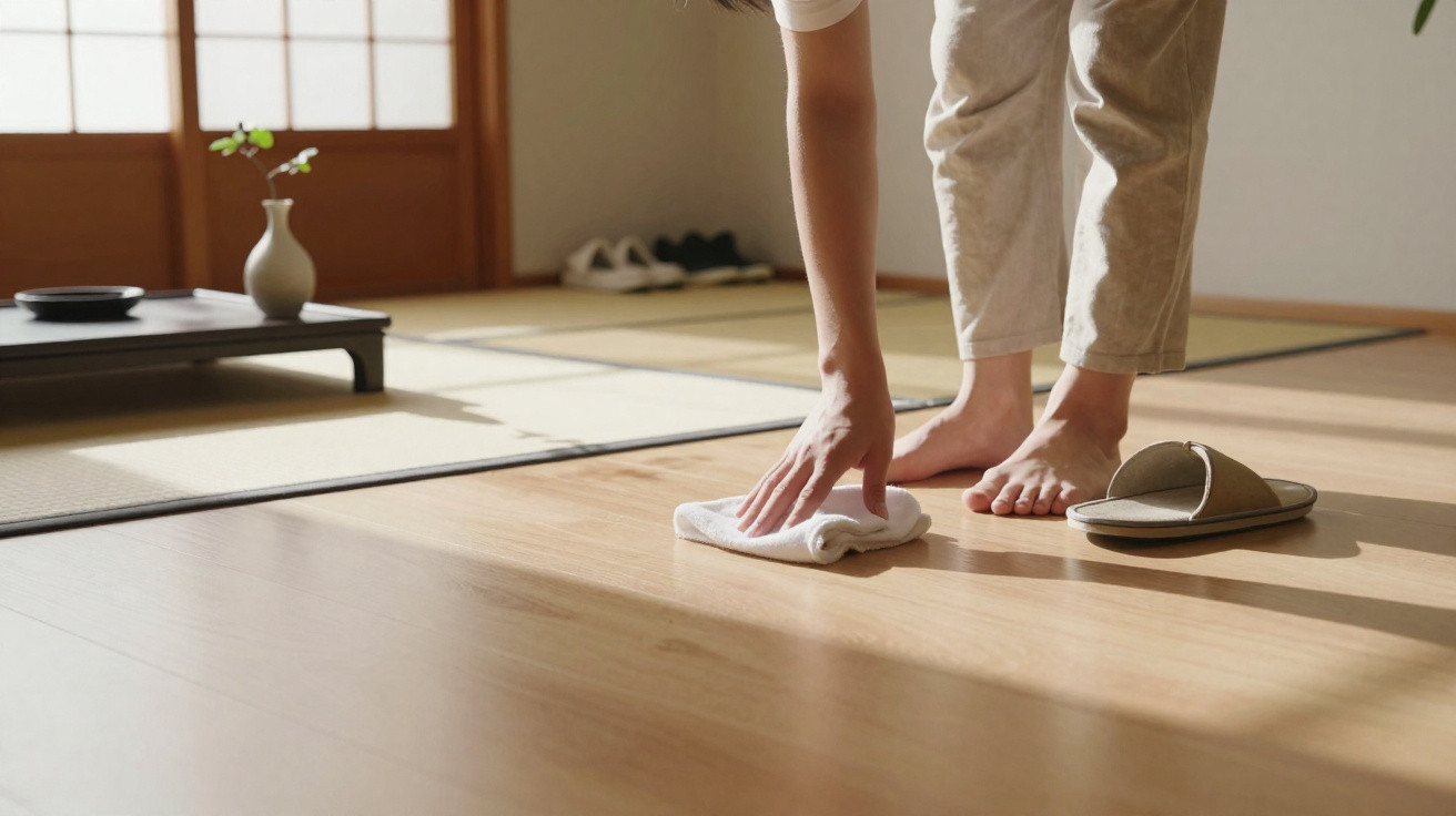 Person wiping wooden floor with cloth in a sunlit minimalist room with slippers and a small table.