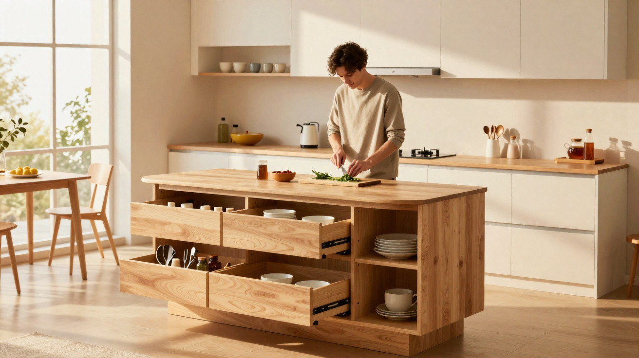 Person chopping vegetables on a wooden kitchen island in a bright, modern kitchen with open drawers and white cabinets.