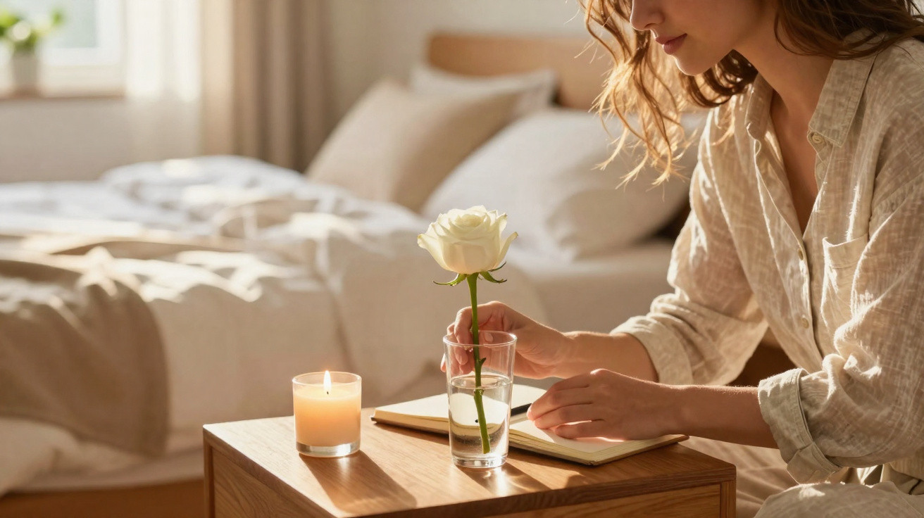 Woman in beige robe placing a white rose in a glass on a wooden bedside table with a lit candle and notebook.