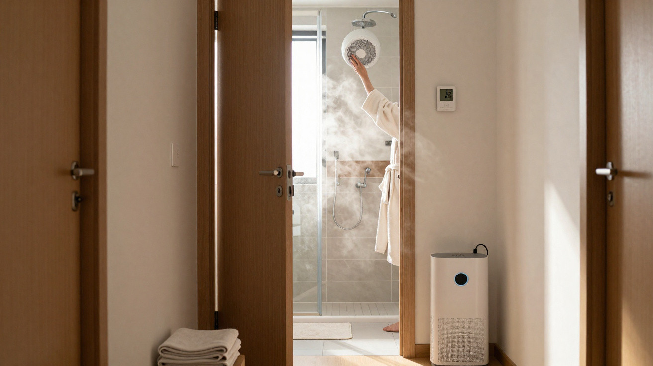View through open doors of a person adjusting a steamy showerhead in a bright, modern bathroom.