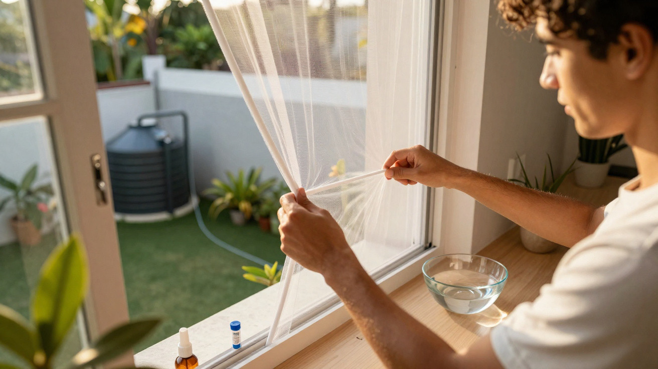 Person opening a window curtain in a sunlit room with plants and a bowl on the windowsill.