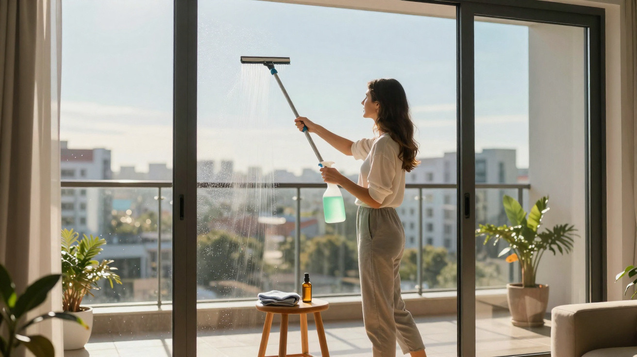 Woman cleaning a large glass sliding door with a spray bottle and squeegee in a modern apartment.