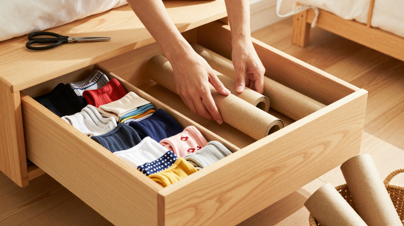 Hands organising a drawer with neatly folded socks and cardboard tubes for storage inside a wooden bed frame.