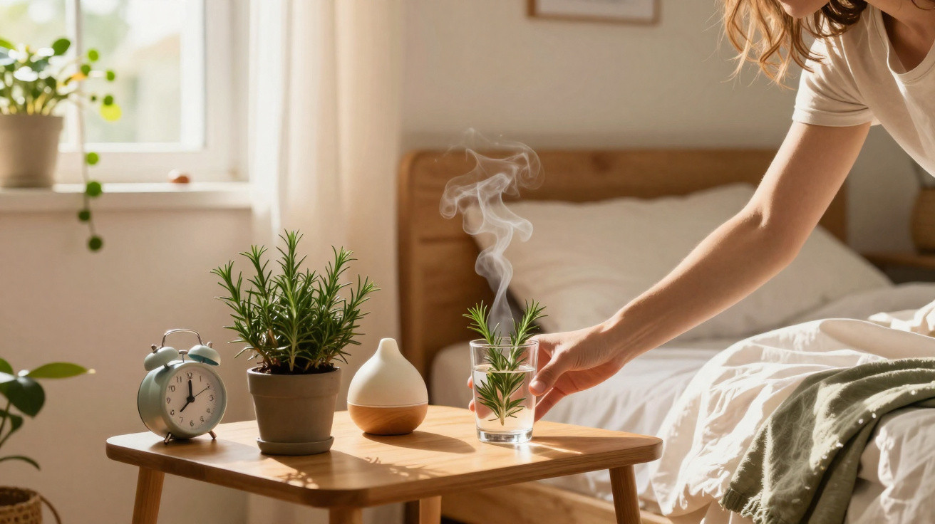 Person holding a glass with steaming rosemary sprigs on a wooden bedside table next to an alarm clock and plants.