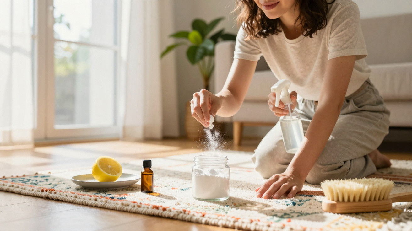 Person sprinkling baking soda on a carpet with cleaning spray, lemon, and brush nearby in a sunlit room.