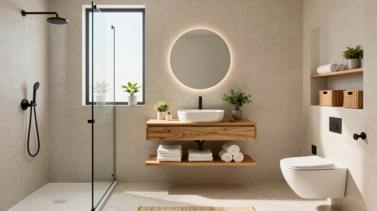 Modern bathroom with walk-in shower, floating wooden vanity, round backlit mirror, and wall-mounted toilet.