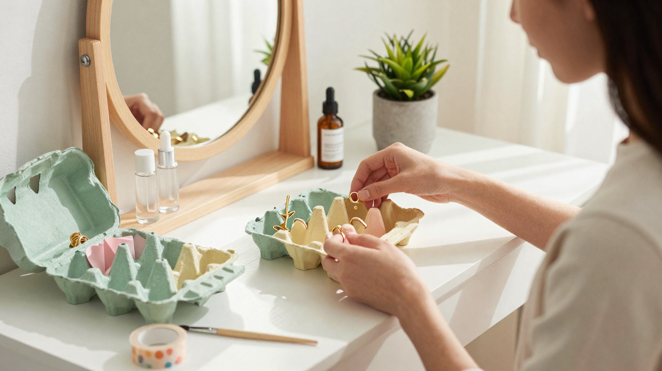 Woman organising gold jewellery in repurposed egg cartons on a white vanity table with a round mirror and small plant.